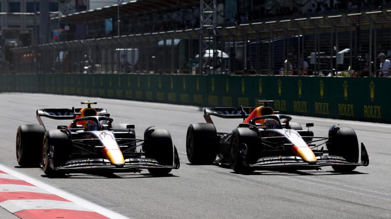 Max Verstappen passes Sergio Perez in the 2022 Azerbaijan GP