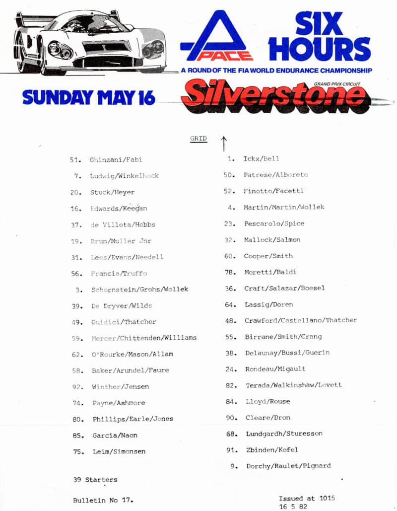 1982 Six Hours of Silverstone starting lie up sheet