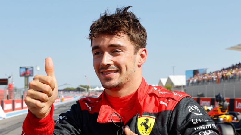 Ferrari's Monegasque driver Charles Leclerc reacts after he took the pole position during the qualifying session ahead of the French Formula One Grand Prix at the Circuit Paul Ricard in Le Castellet, southern France, on July 23, 2022. (Photo by ERIC GAILLARD / POOL / AFP) (Photo by ERIC GAILLARD/POOL/AFP via Getty Images)