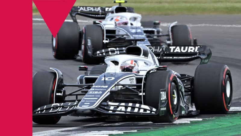 AlphaTauri's French driver Pierre Gasly (front) and Alpha Tauri Japanese driver Yuki Tsunoda drive during the Formula One British Grand Prix at the Silverstone motor racing circuit in Silverstone, central England on July 3, 2022. (Photo by JUSTIN TALLIS / AFP) (Photo by JUSTIN TALLIS/AFP via Getty Images)