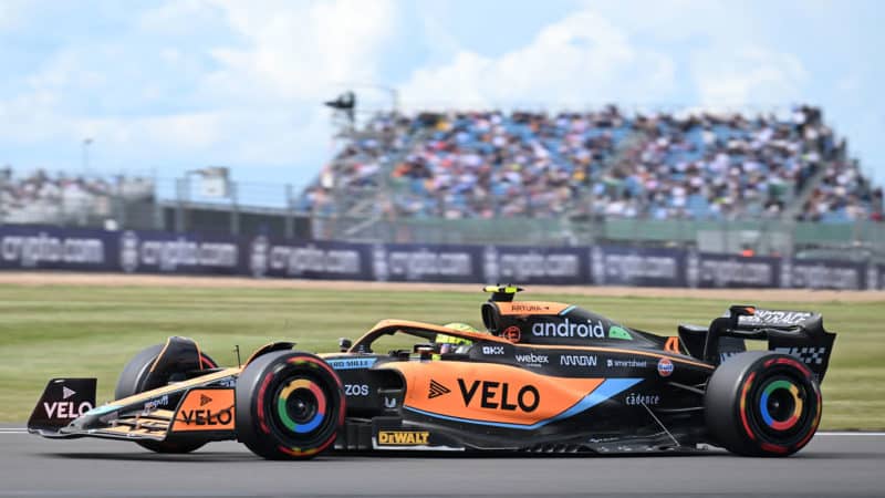 McLaren's British driver Lando Norris drives during second practice ahead of the Formula One British Grand Prix at the Silverstone motor racing circuit in Silverstone, central England, on July 1, 2022. (Photo by JUSTIN TALLIS / AFP) (Photo by JUSTIN TALLIS/AFP via Getty Images)