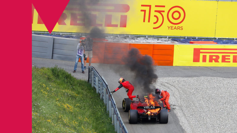 Ferrari of Carlos Sainz on fire at the 2022 Austrian Grand Prix