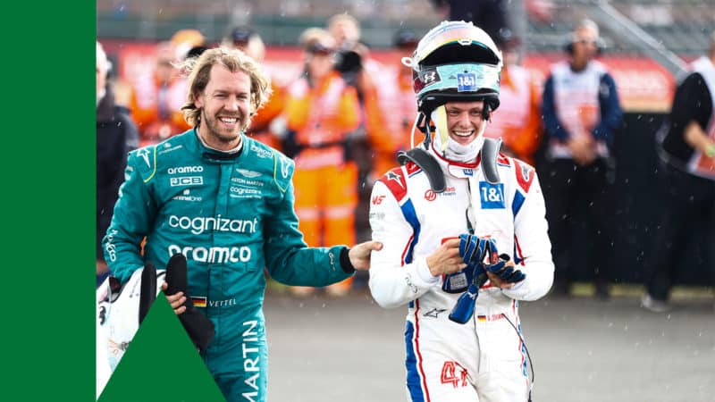 Sebastian Vettel and Mick Schumacher after the race at the 2022 British GP