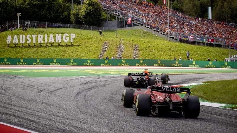 Charles Leclerc follows MAx Verstappen in the 2022 Austrian GP