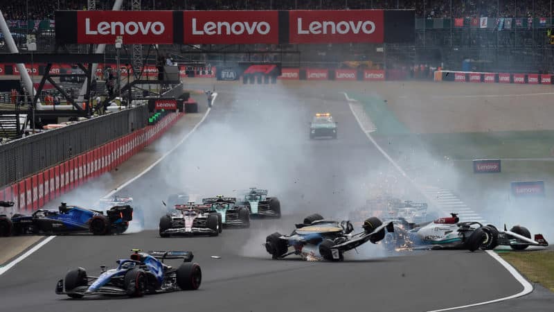 Alex Albon Zhou Guanyu and George Russell crash in the 2022 British GP