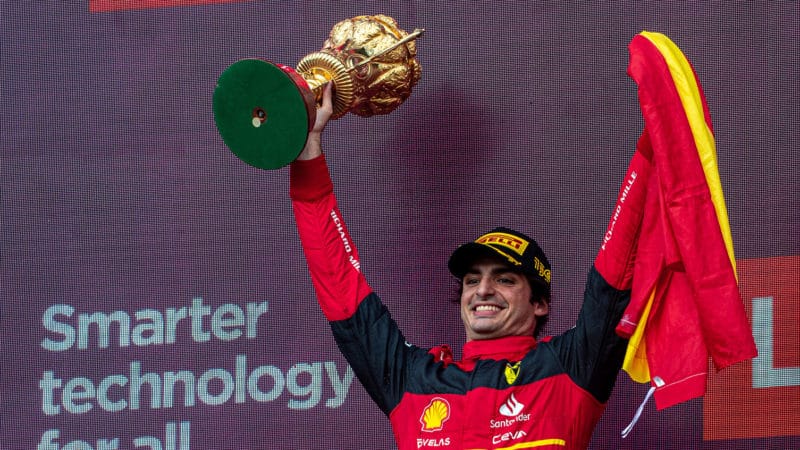 Carlos Sainz celebrates victory in the 2022 British Grand Prix