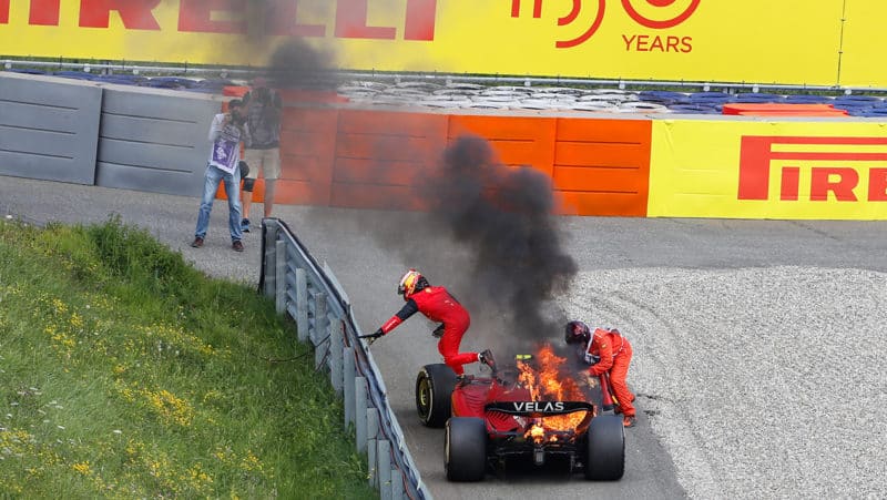 Carlos Sainz jumps out of his burning Ferrari in the 2022 Austrian GP
