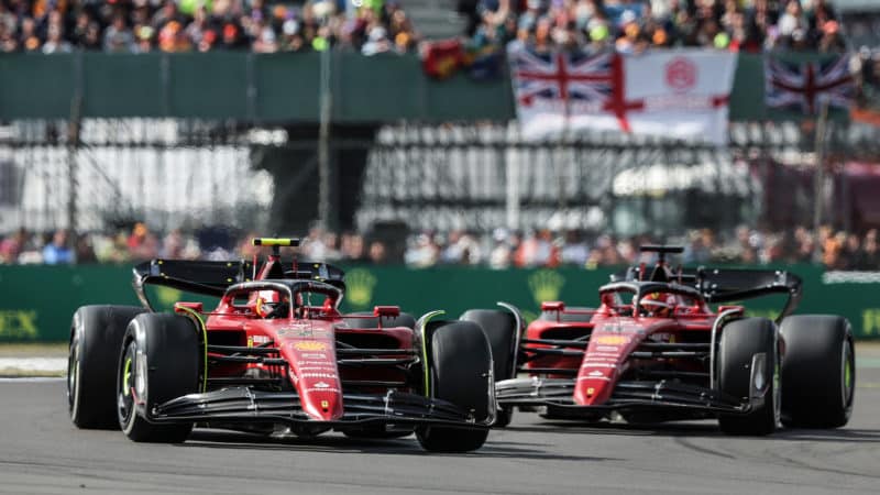Carlos Sainz leads Charles Leclerc in the 2022 British Grand Prix