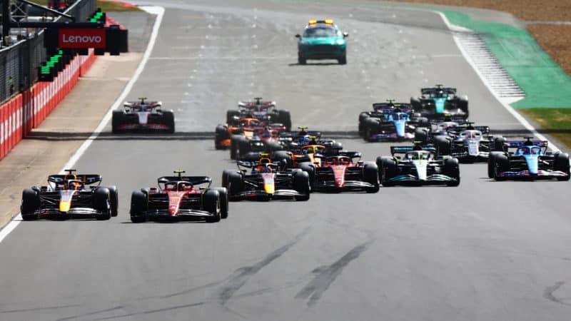 Carlos Sainz leads at the restart of the 2022 British Grand Prix