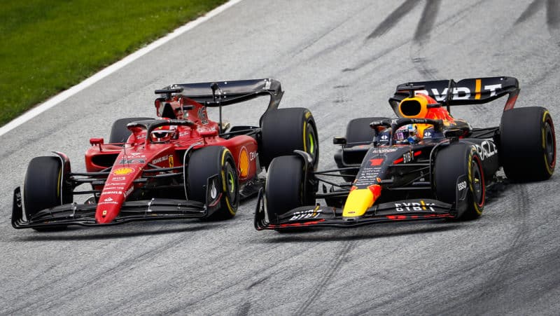 Charles Leclerc overtakes Max Verstappen in the 2022 Austrian Grand Prix