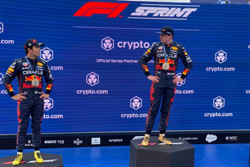 Max Verstappen and Sergio Perez on the Imola podium after 2022 F1 sprint race