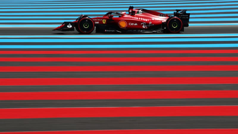 Ferrari of Charles Leclerc between the blue and white stripes at Paul Ricard ahea dof the 2022 French Grand Prix