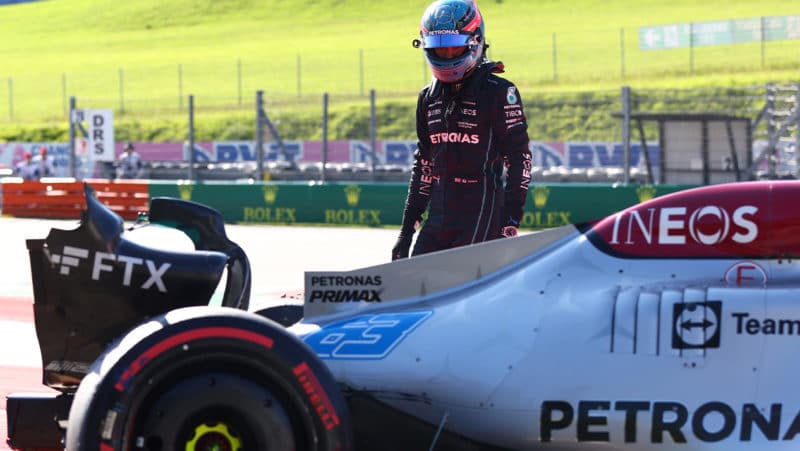 George Russell out of his Mercedes after crashing in qualifying for the 2022 Austrian Grand Prix