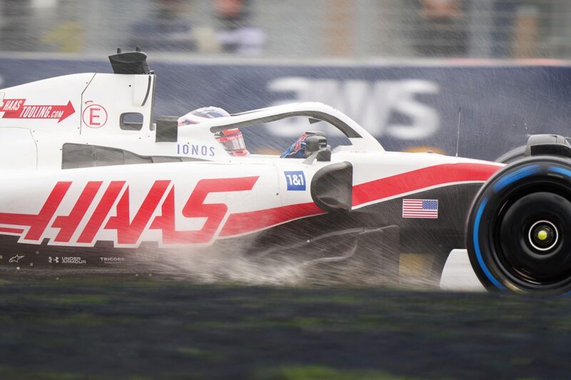 Haas of KEvin Magnussen in the rain at the 2022 Canadian GP