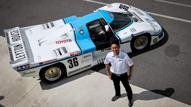 Kazukia-Nakajima-with-his-father's-Toyota-85C-Group-C-car-at-the-Le-Mans-Classic-2022-pose