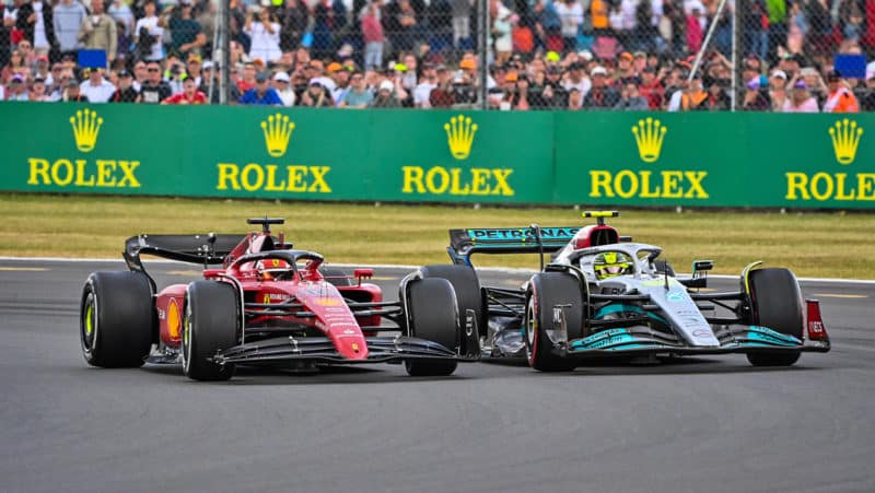 Lewis Hamilton battles Charles Leclerc in the 2022 British Grand Prix