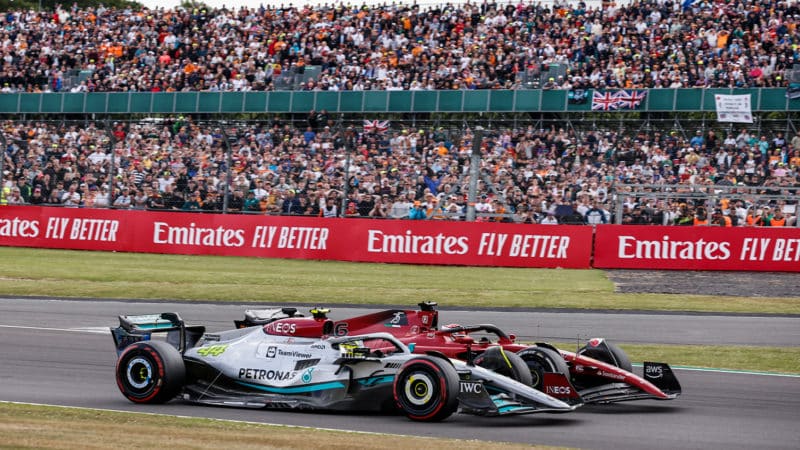 Lewis Hamilton fighting alongside Charles Leclerc in the 2022 British Grand Prix