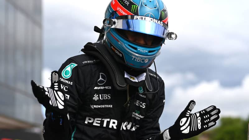 Mercedes-F1-driver-George-Russell-celebrates-taking-pole-for-the-2022-Hungarian-GP