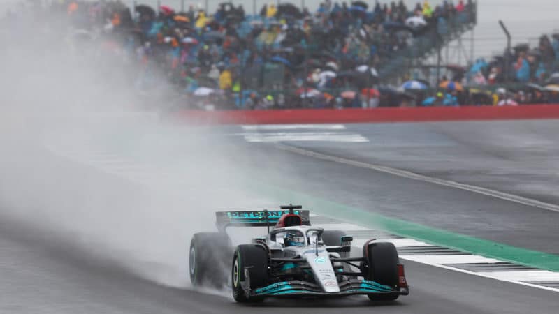 Mercedes of George Russell in the rain qualifying for the 2022 British Grand Prix
