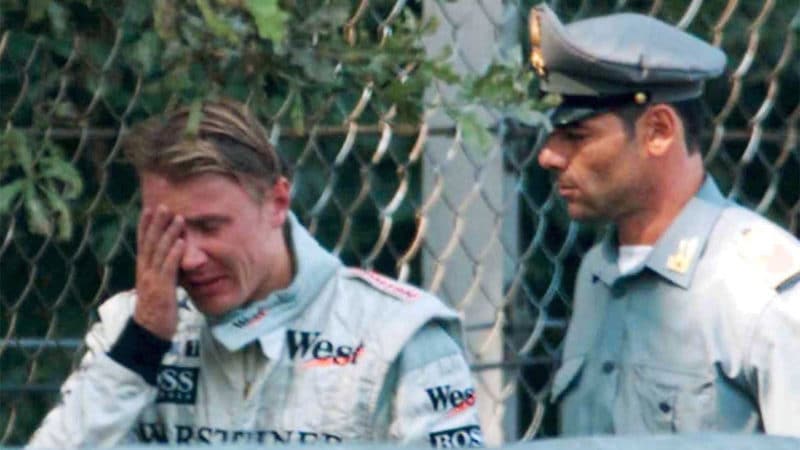 Mika Hakkinen crying after crashing out of 1999 italian GP