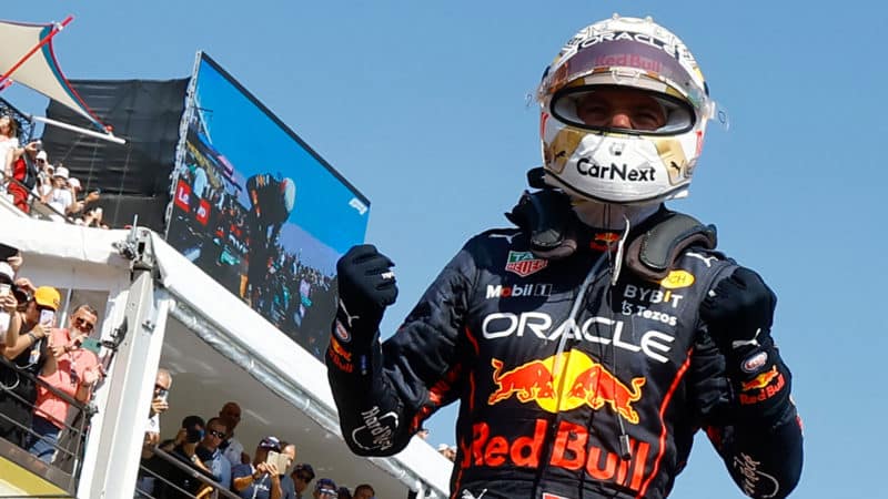 Red Bull Racing's Dutch driver Max Verstappen celebrates as he leaves his car after winning the French Formula One Grand Prix at the Circuit Paul-Ricard in Le Castellet, southern France, on July 24, 2022. (Photo by ERIC GAILLARD / POOL / AFP) (Photo by ERIC GAILLARD/POOL/AFP via Getty Images)