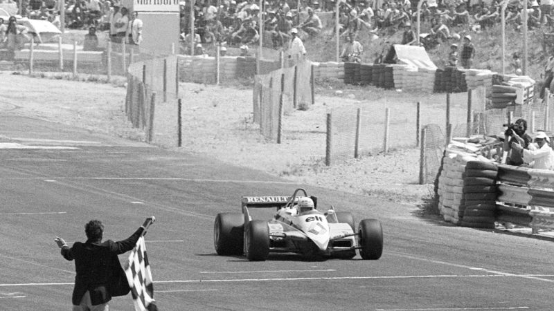 Rene Arnoux crosses the line to win the 1982 French Grand Prix
