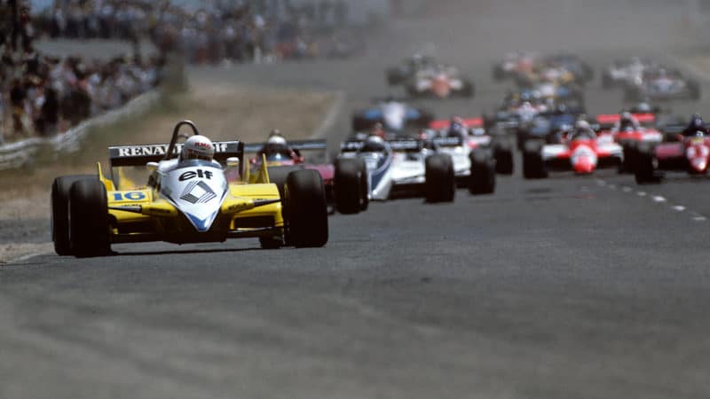 Rene Arnoux leads at the start of the 1982 French Grand Prix