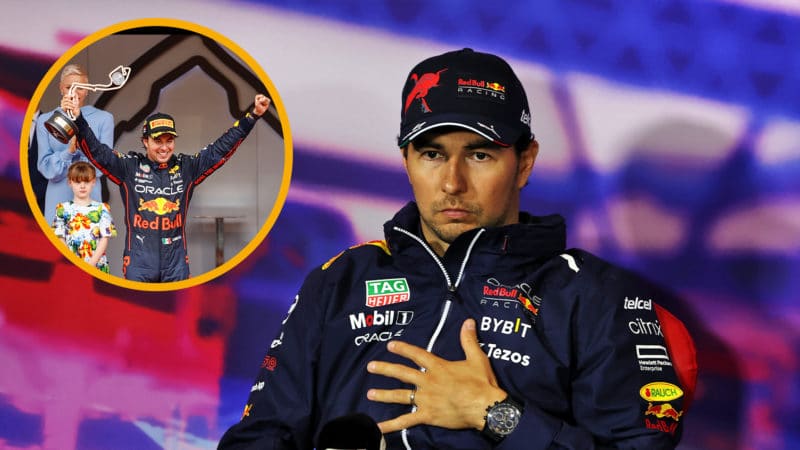 Sergio Perez with hand over his chest at Silverstone and inset picture of Monaco GP win