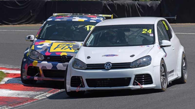 Tom Knight and Tony Gilham battle in VW Golfs at Brands Hatch