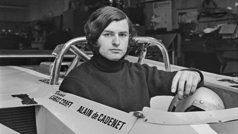 Racing driver Alain De Cadenet with the Duckhams LM1 racing car built for him and his team-mate Chris Craft, UK, 20th June 1973. (Photo by Evening Standard/Hulton Archive/Getty Images)