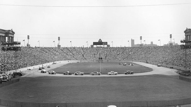 CHICAGO, IL — May 1952: Fans fill the seats for a day of stock car racing at Soldier Field. (Photo by ISC Images & Archives via Getty Images)