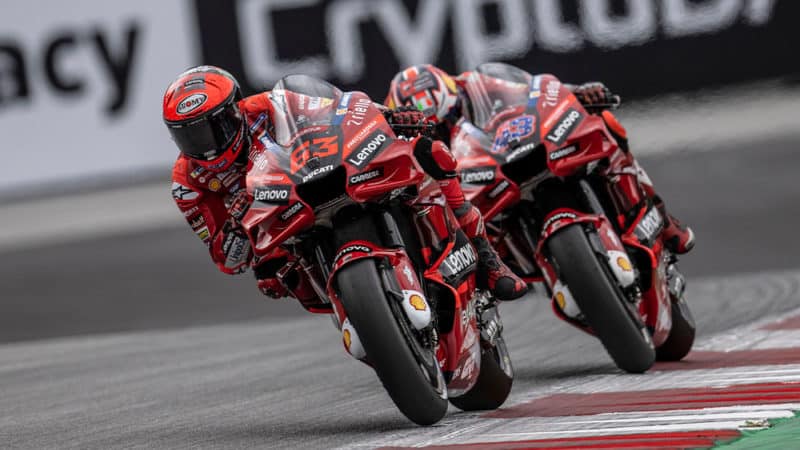 Ducati-MotoGP-rider-Pecco-Bagnaia-leads-team-mate-Jack-Miller-at-the-2022-Austrian-GP