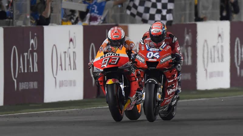 Ducati-rider-Andrea-Dovizioso-overtakes-Honda-rider-Marc-Marquez-at-the-2019-Qatar-GP-held-at-Losail