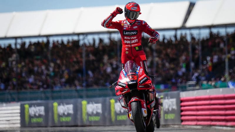 Ducati rider Francesco Bagnaia celeates winning the 2022 British GP at Silverstone