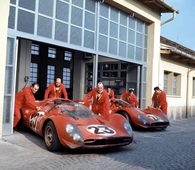 Ferrari P4 and P3-4 at Maranello after 1967 Daytona 24 Hours win