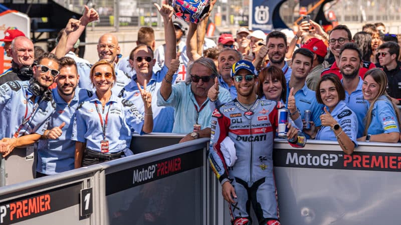 Gresini Ducati MotoGP rider Enea Bastiannini celebrates finishing fourth at the 2022 British GP at Silverstone