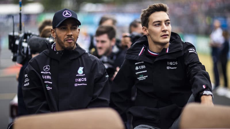 Lewis Hamilton next to George Russell in the 2022 Hungarian GP drivers parade