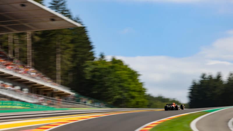 Max Verstappen drives up the hill from Eau Rouge and Raidillon in the 2022 Belgian Grand Prix