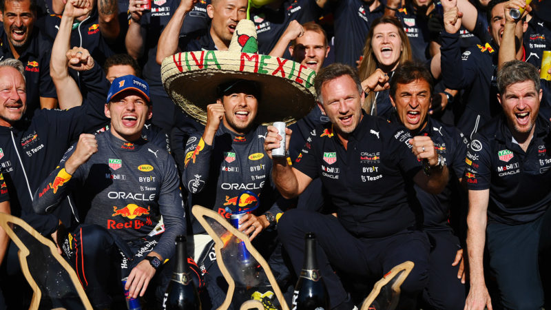 Max Verstappen Sergio Perez and Christian Horner celebrate Red Bull 1-2 finish at the 2022 Belgian Grand prix