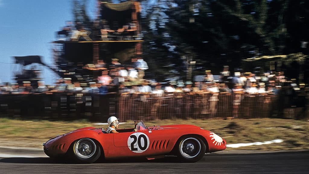 Moss aboard the Maserati 300S he shared with Harry Schell in the 1957 Sebring 12 Hours