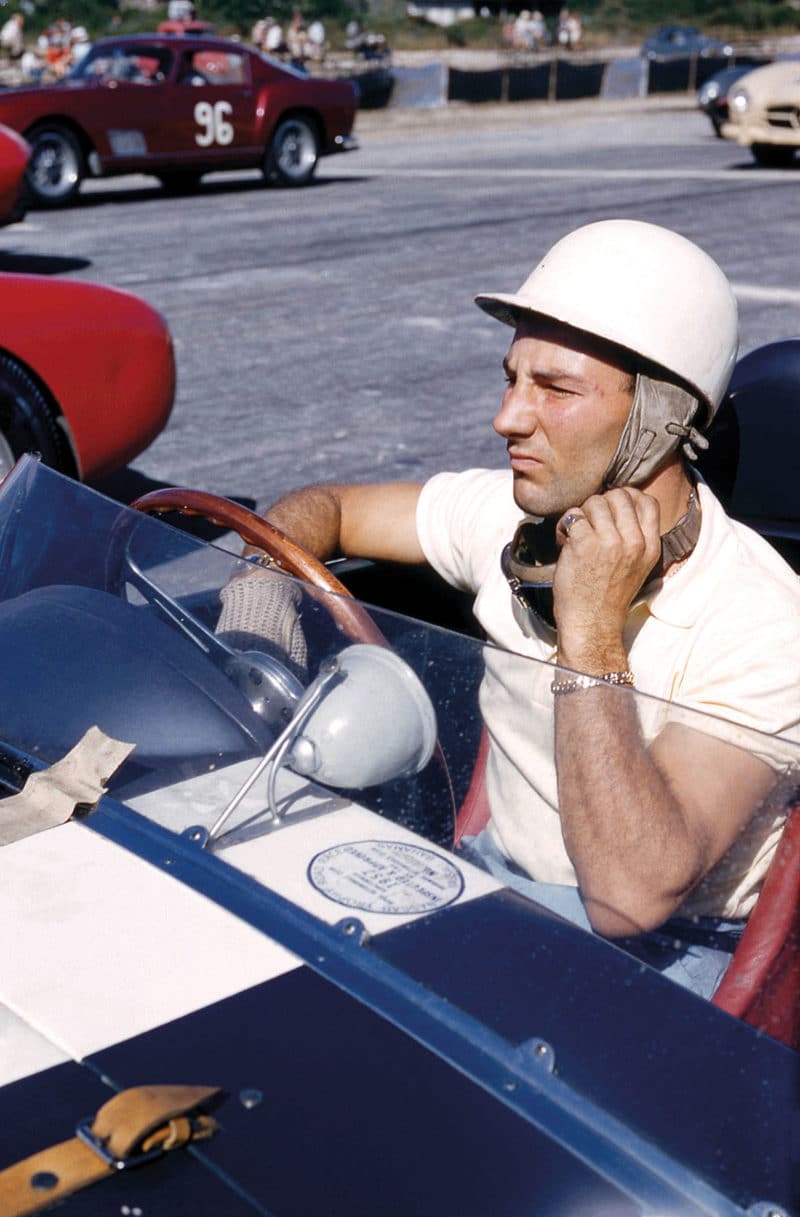 Moss prepares in his Aston Martin DBR2 at the 1957 Governor’s Trophy at Oakes Field, Nassau