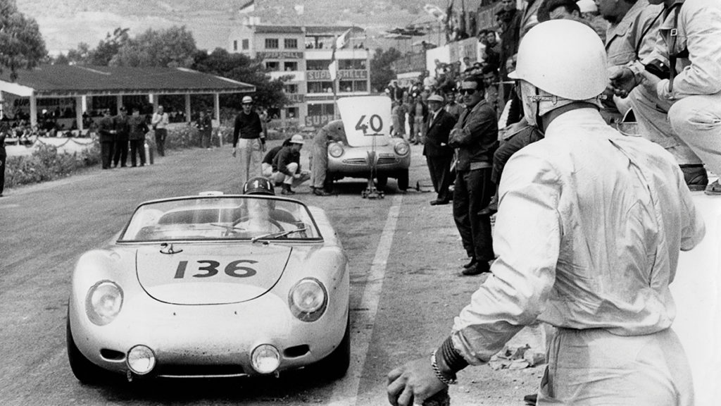 Moss waits to take over from Graham Hill on the 1961 Targa