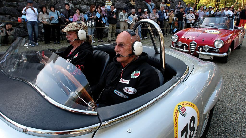 Sir Stirling and Lady Moss taking part in a stage of the 2008 La Festa Mille Miglia rally in Miyagi, Japan