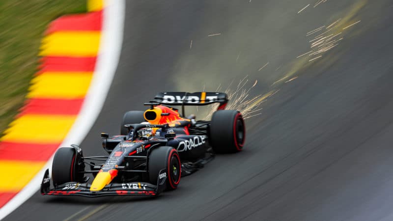 Sparks fly from the Red Bull of Max Verstapen in qualifying for the 2022 Belgian GP