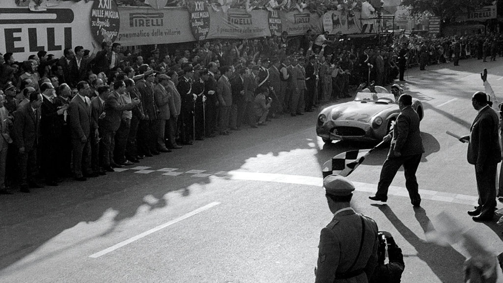 Stirling Moss Moss and Denis Jenkinson return to Brescia to complete the 1955 Mille Miglia