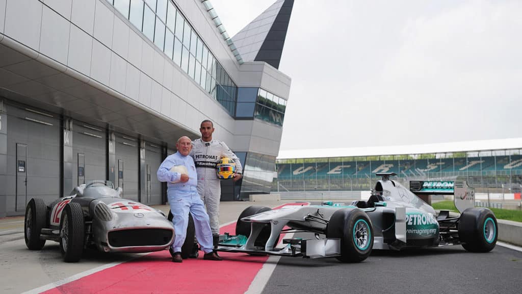 Stirling Moss with Lewis Hamilton at Silverstone, 2013