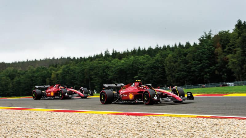 Two Ferraris in action at the 2022 Belgian Grand Prix