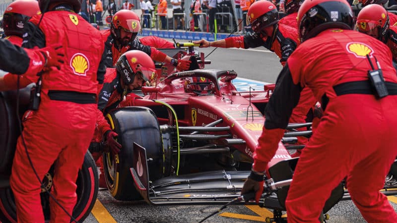 Ferrari carries out a pit stop on Charles Leclerc's car at Zandvoort