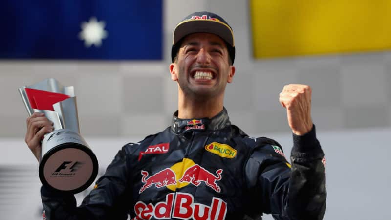 Daniel Ricciardo celebrates 2016 Malaysian GP win on the podium