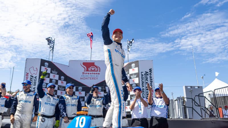 Alex Palou celebrates winning the 2022 IndyCar Laguna Seca race